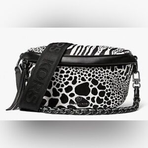 Calf Hair Pony Zebra Animal Print Sling Waist Bum Bag Kors Black White NWT $328
